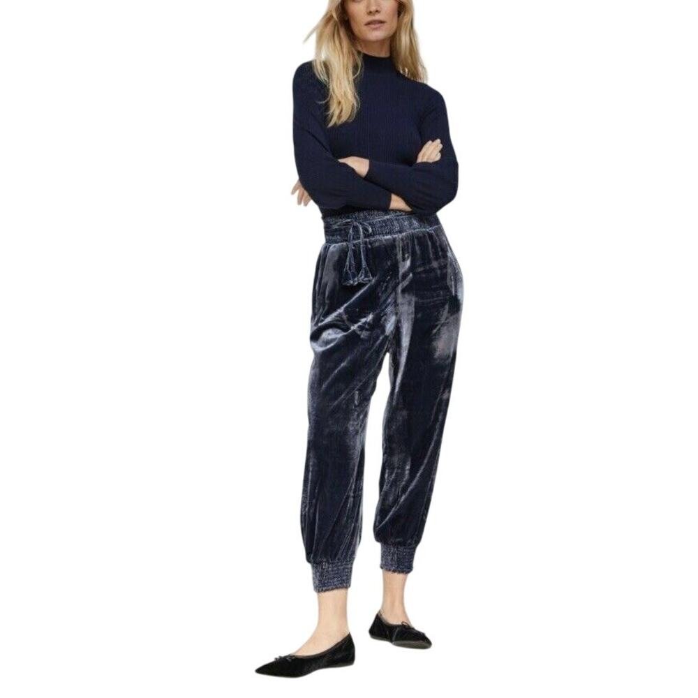 Anthropologie Gloria Velvet Joggers Pants Smocked Waist Pockets NAVY Medium